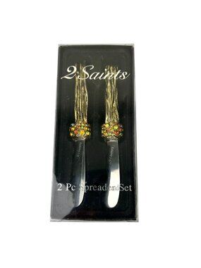 2 Saints Butter Cheese Spreader Knife Set Rhinestone Wood Bark Fall Metal READ
